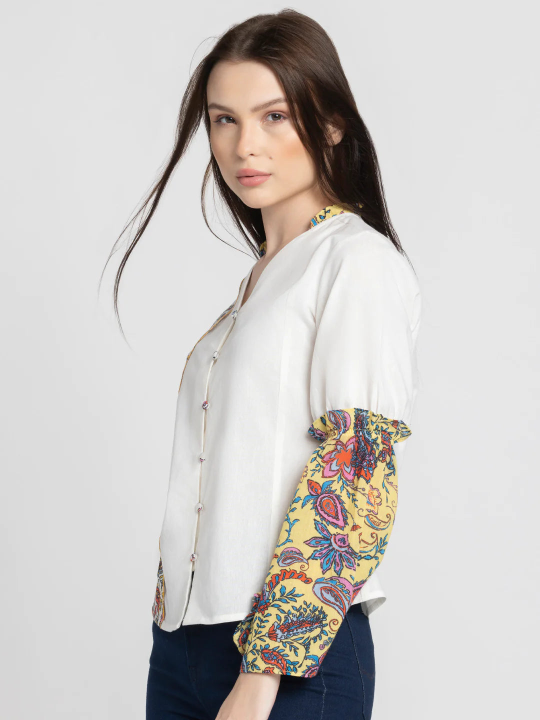 White V-Neck Shirt for Women | Floral Harmony V-Neck Shirt