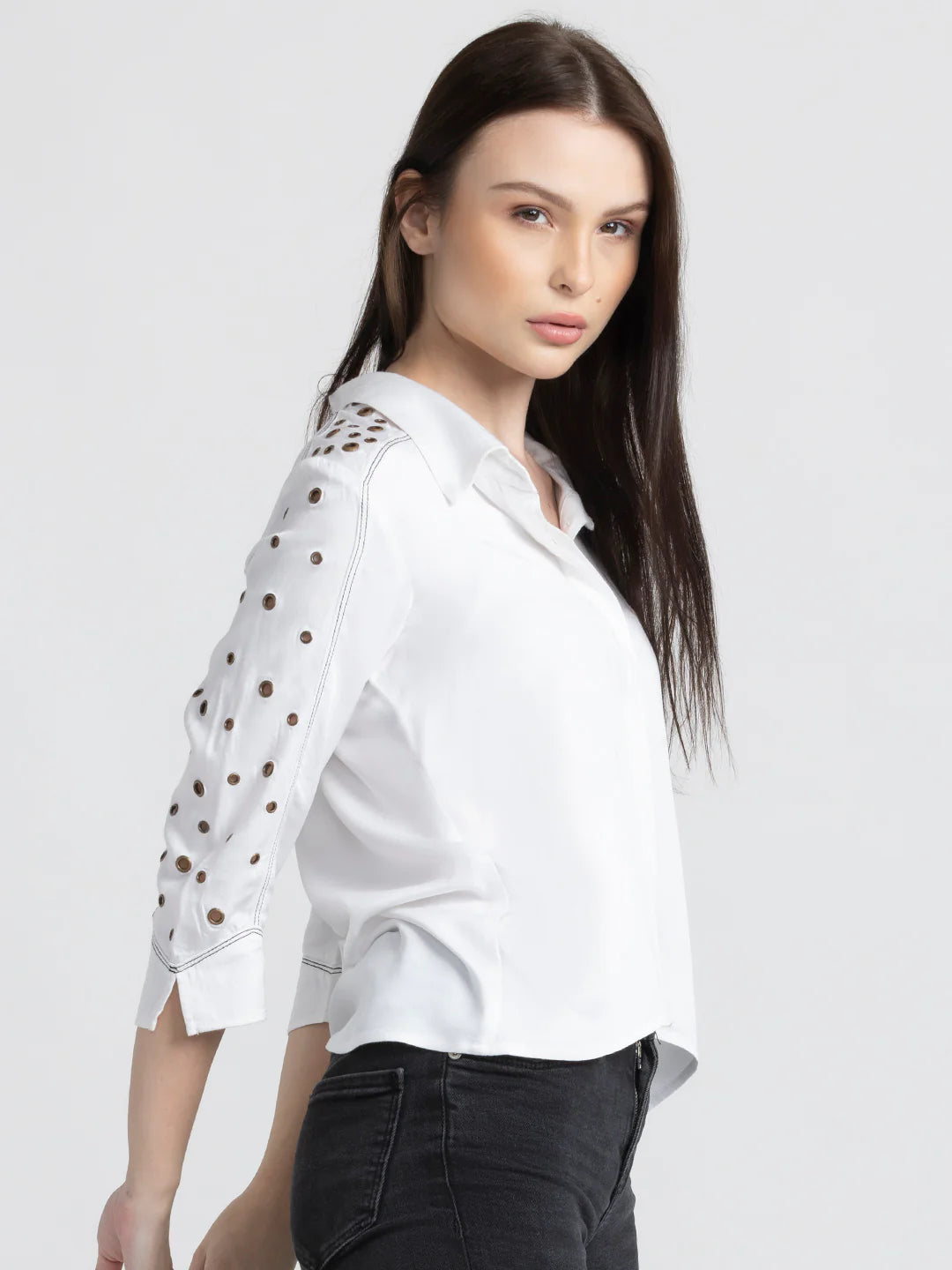 White Party Shirt for Women | Elegant White Eyelet Embellished Shirt