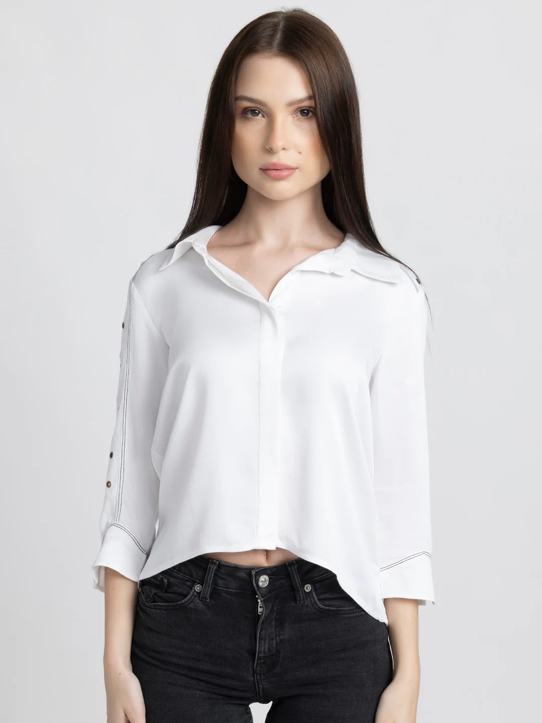 White Party Shirt for Women | Elegant White Eyelet Embellished Shirt
