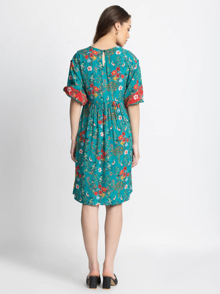 Tree & Bird Print Dress | Joyful Tree and Bird Print A-line Dress