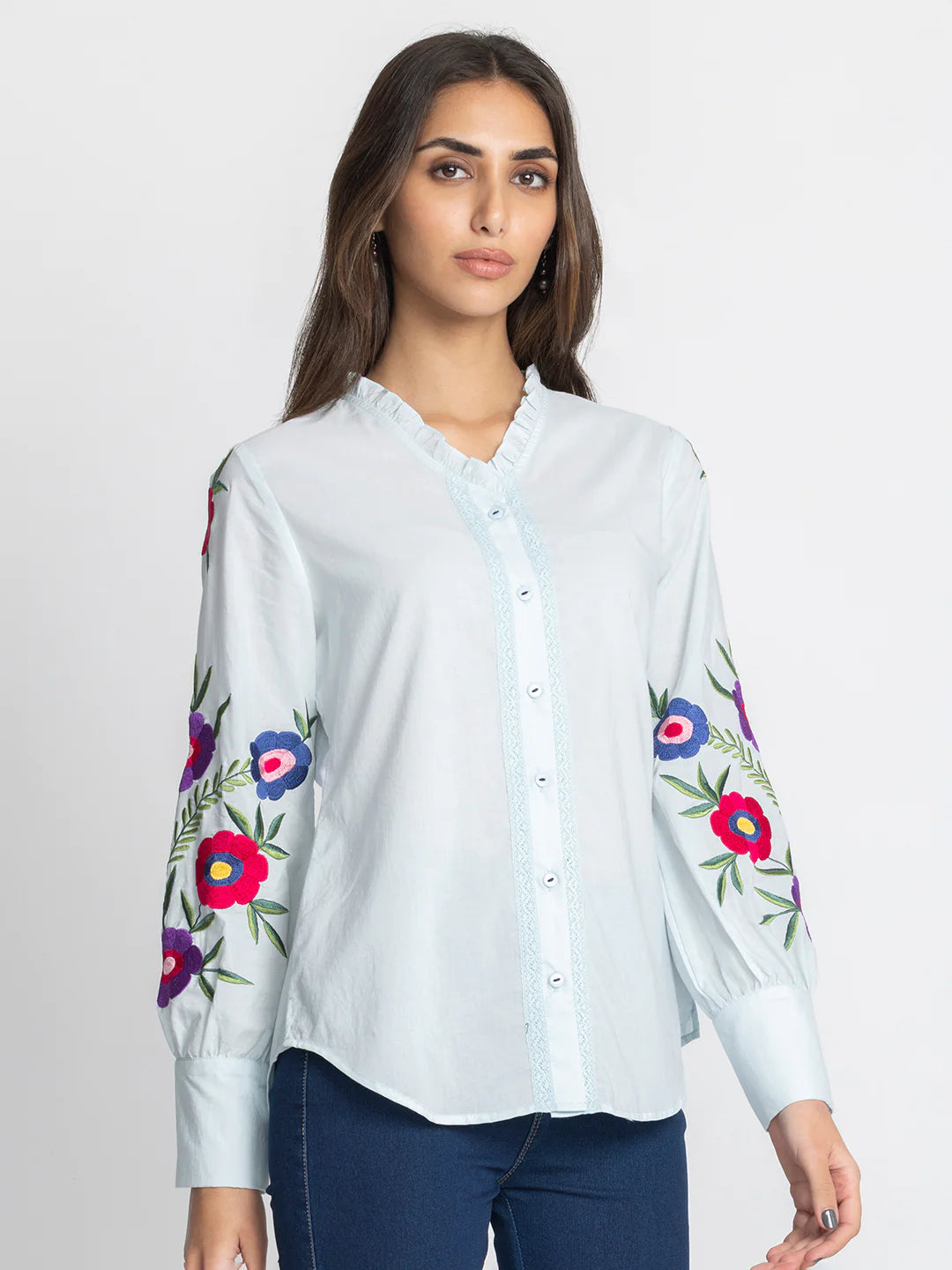 Blue Button-Down Shirt for Women | Whimsical Blue Embroidered Buttondown Shirt