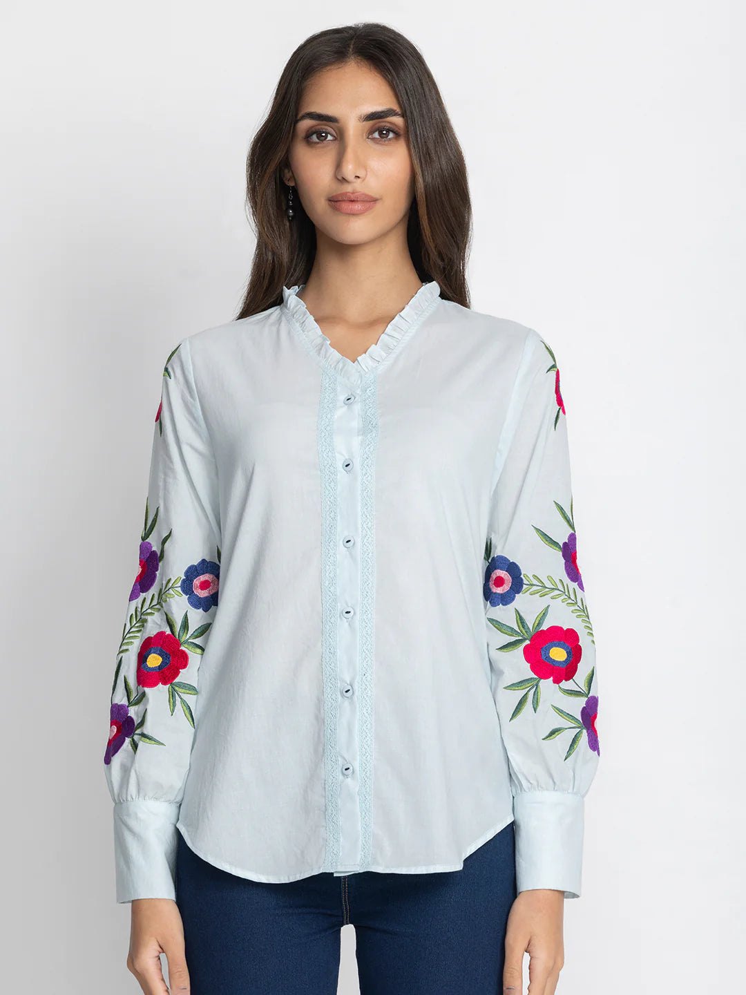 Blue Button-Down Shirt for Women | Whimsical Blue Embroidered Buttondown Shirt