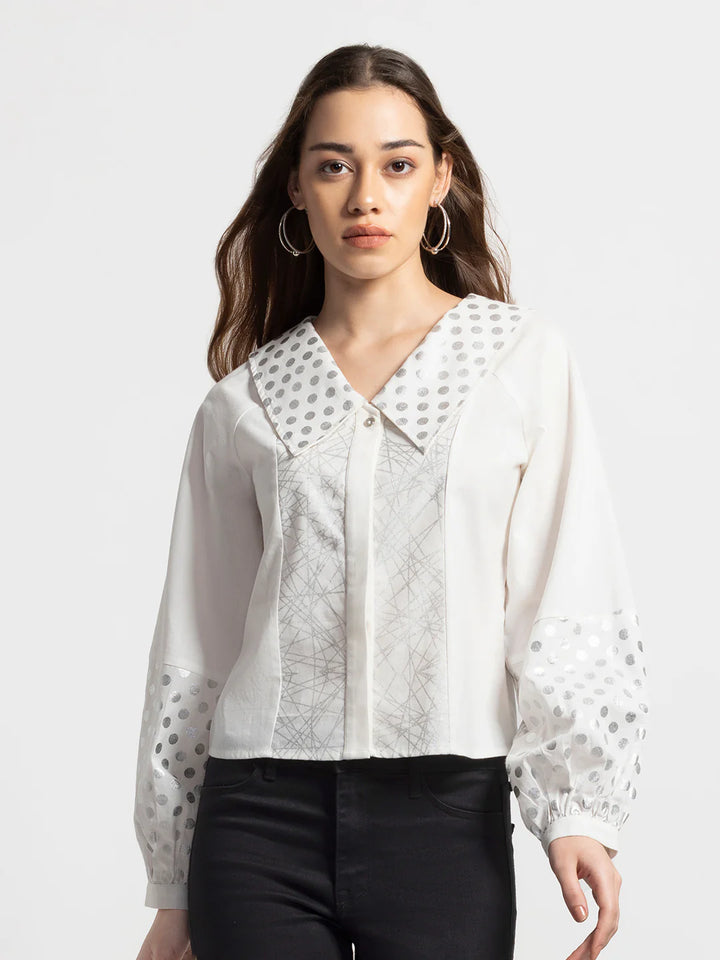 White Shirt for Women | Stylish Foil Print Long Sleeve Shirt