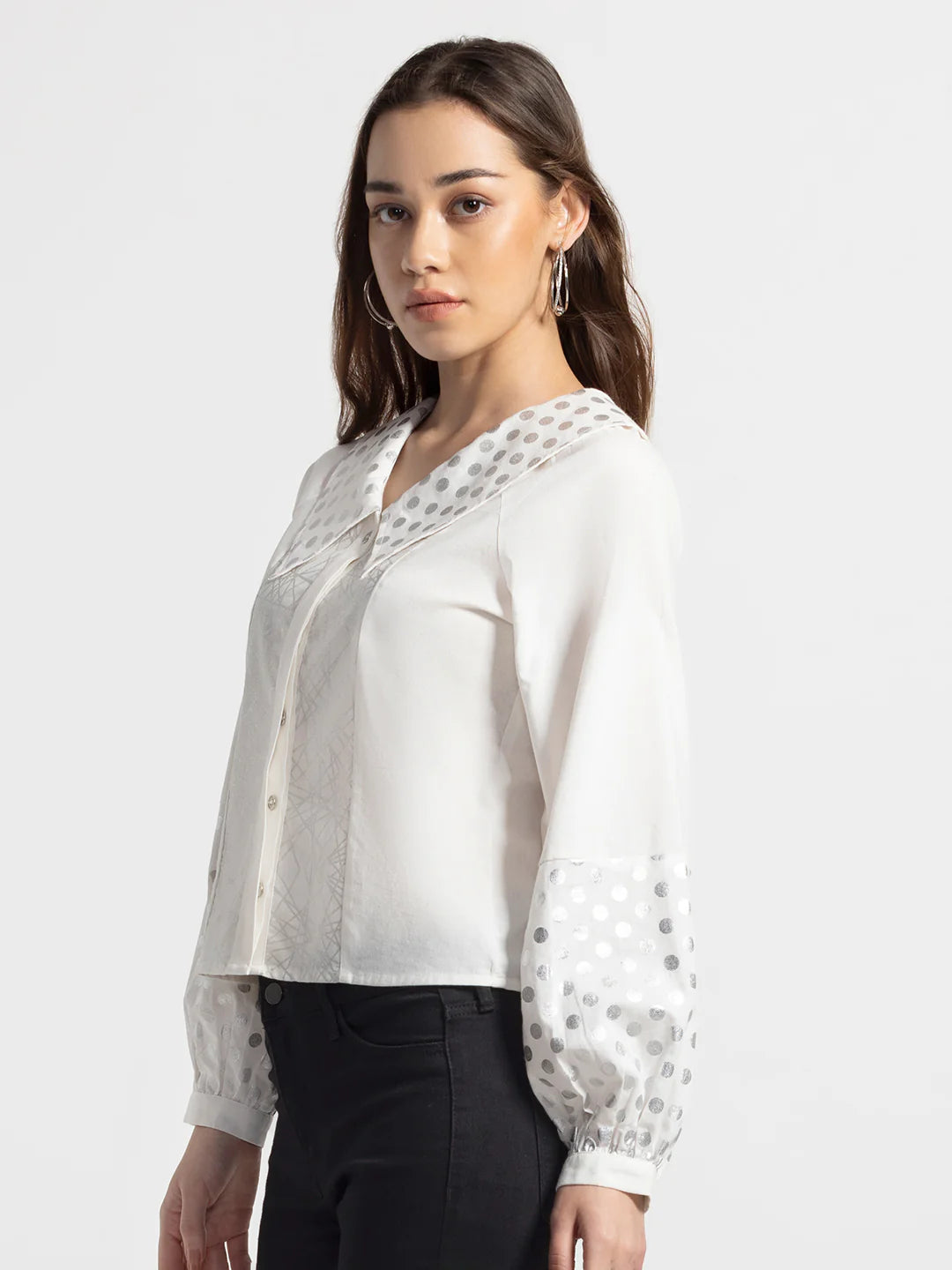 White Shirt for Women | Stylish Foil Print Long Sleeve Shirt