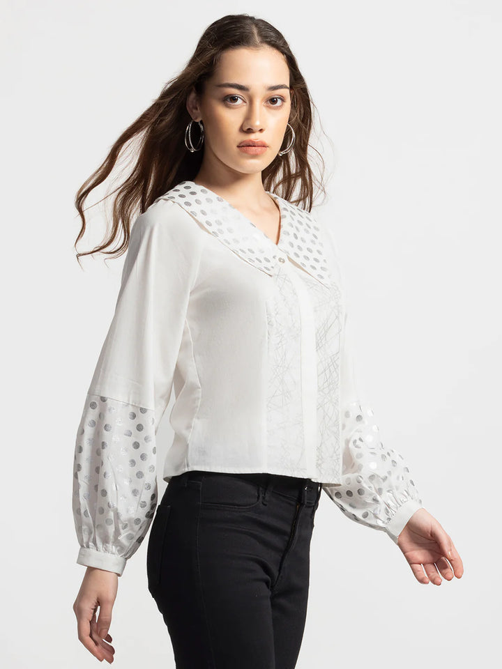 White Shirt for Women | Stylish Foil Print Long Sleeve Shirt