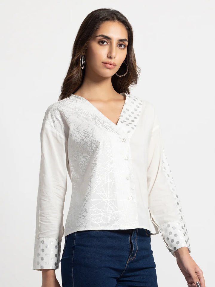 White V-Neck Print Shirt for Women | Silver Elegance V-Neck Foil Print Shirt