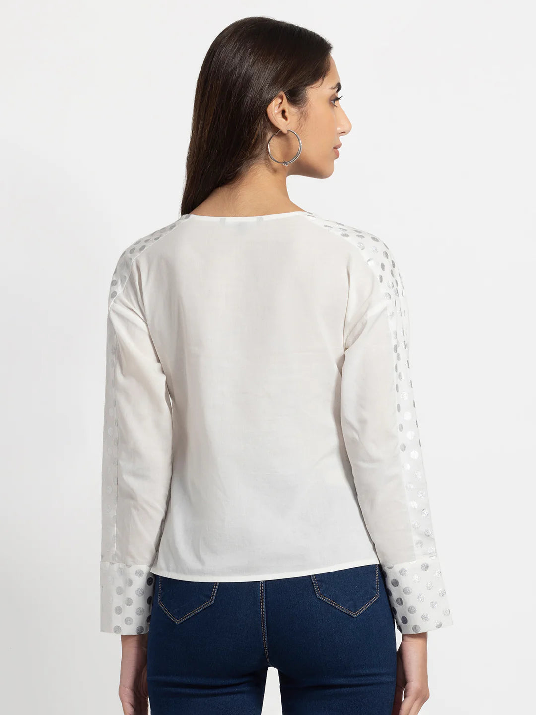 White V-Neck Print Shirt for Women | Silver Elegance V-Neck Foil Print Shirt
