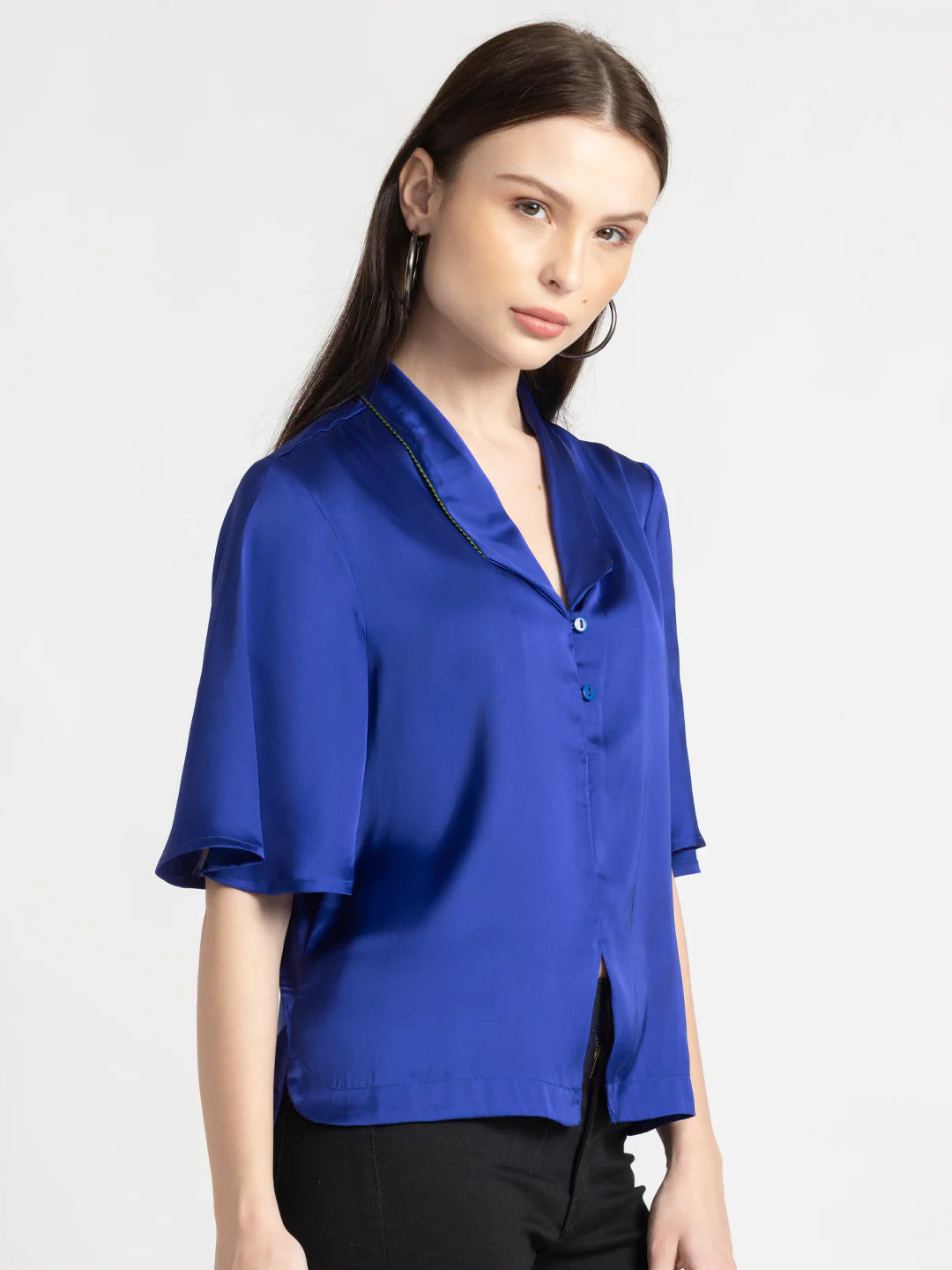 Blue Short Sleeve Shirt for Women | Blue Lace Collar Short Sleeve Shirt