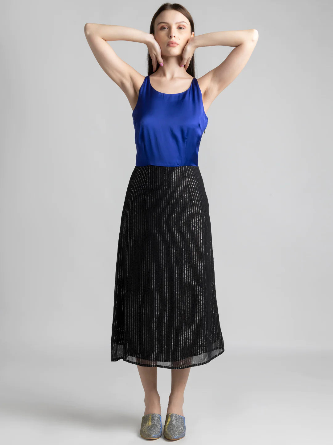 Blue & Black Midi Dress | Satin & Lurex Glam Midi Dress