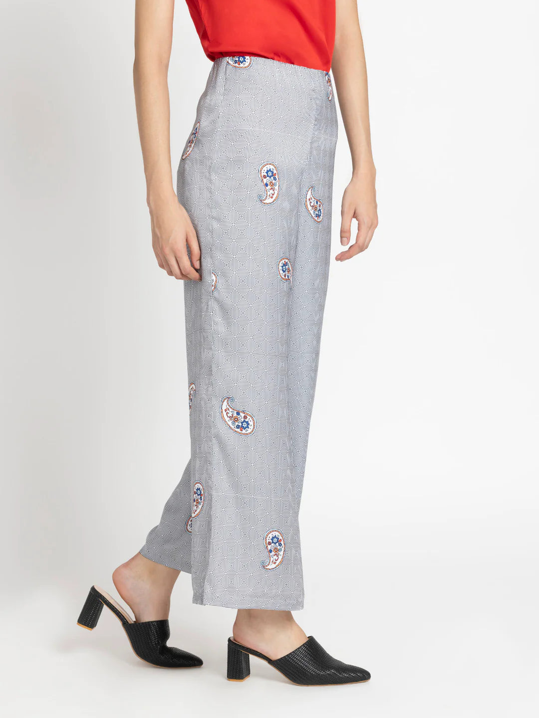 Gray Mid-Rise Casual Trousers for Women | Gray Paisley Print Mid-Rise Casual Trousers