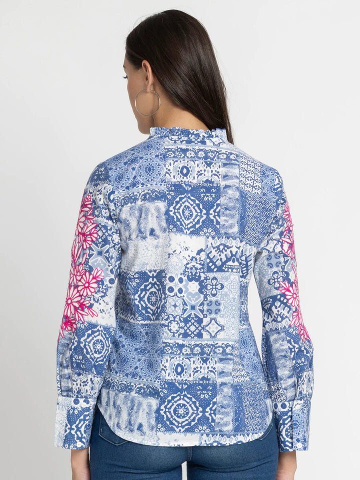 Blue Cotton Shirt for Women | Chic Blue Printed Cotton Shirt