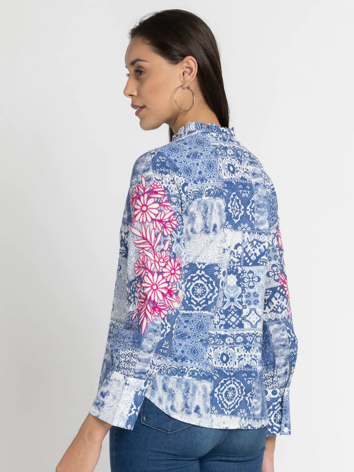 Blue Cotton Shirt for Women | Chic Blue Printed Cotton Shirt