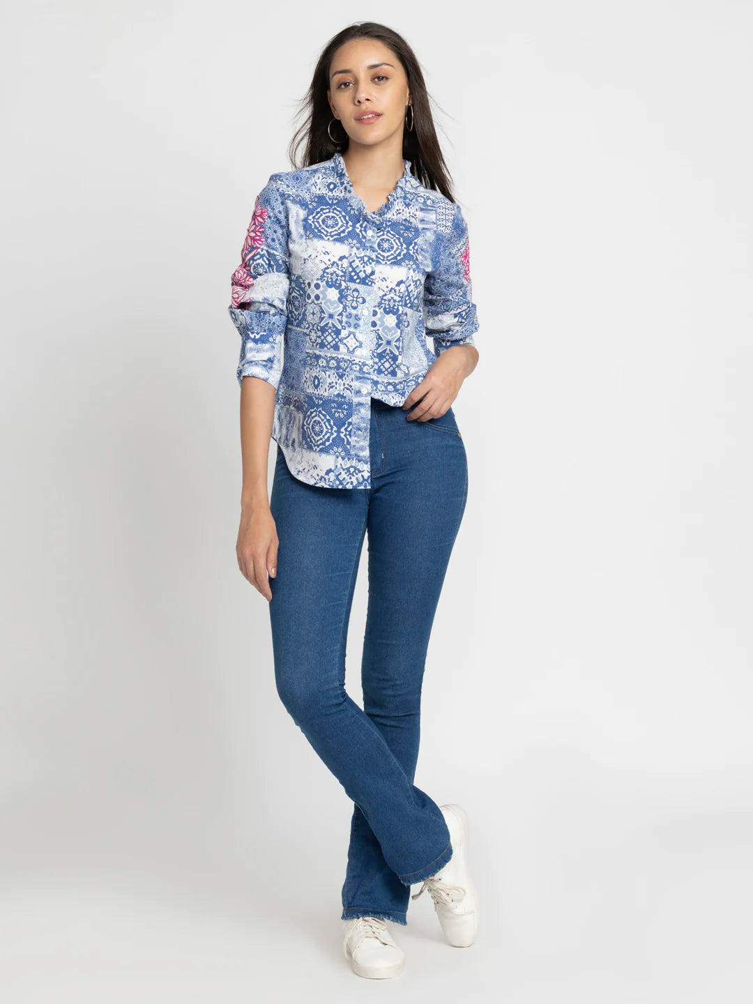 Blue Cotton Shirt for Women | Chic Blue Printed Cotton Shirt