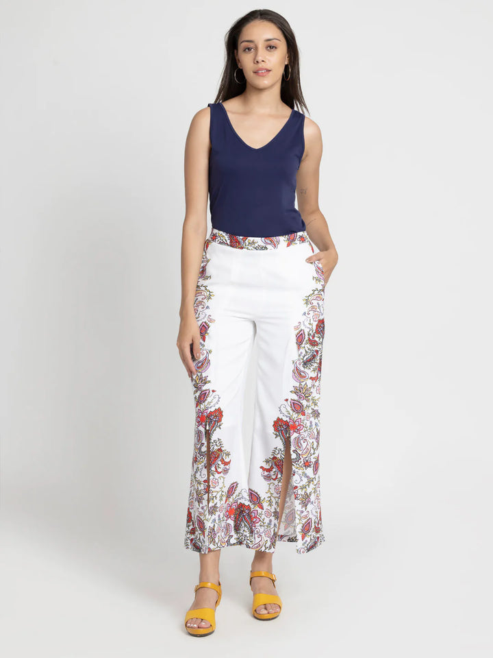 Printed Mid-Rise Casual Pant for Women | Edgy White Printed Mid-Rise Casual Pant