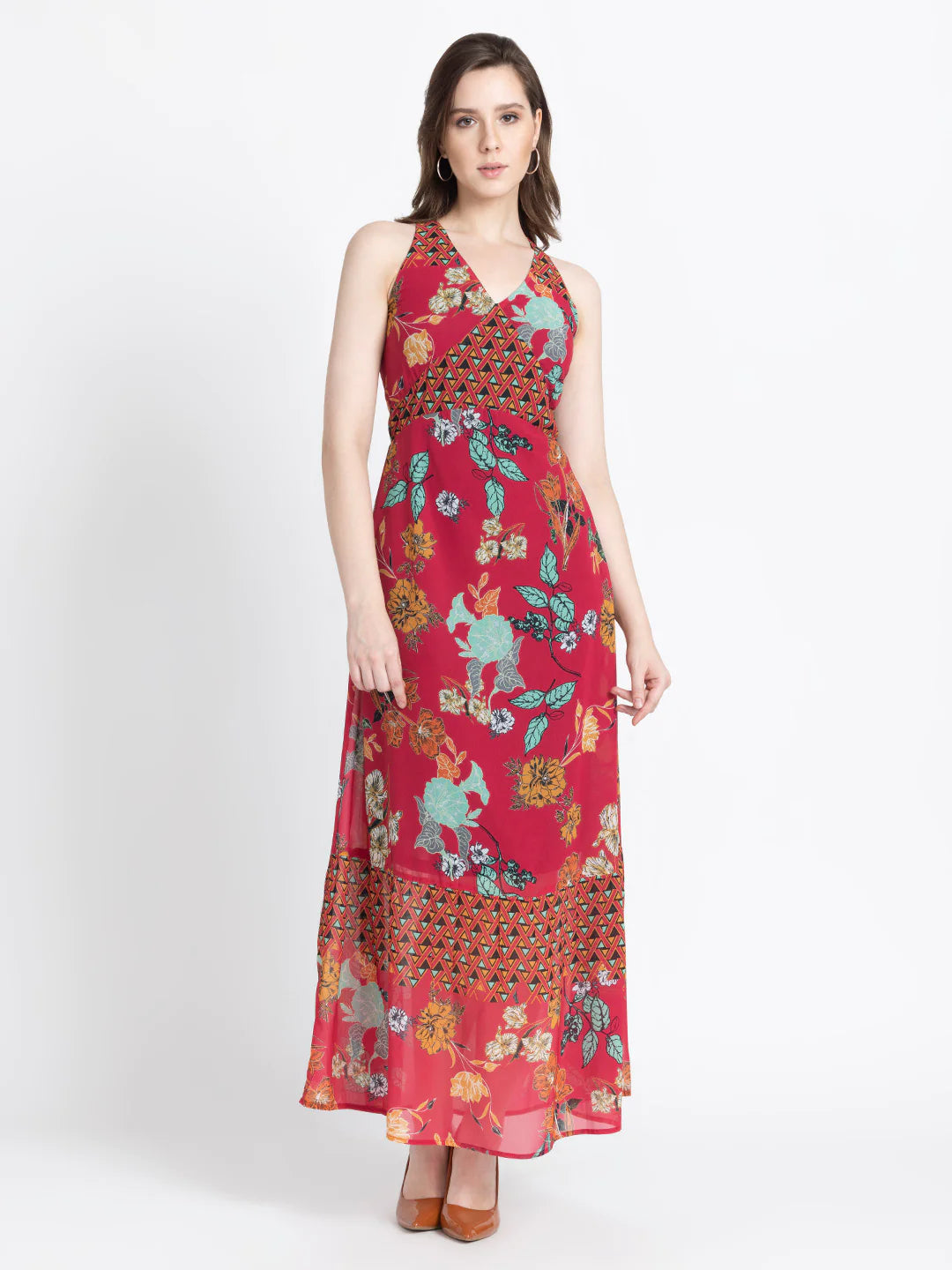 Red Floral Maxi Dress | Red Halter Floral Maxi Dress