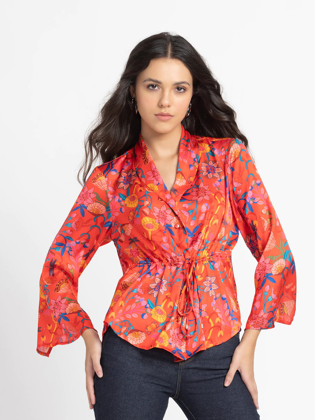 Red Floral Shirt Jacket for Women | Ruby Blossom Red Floral Cinched Shirt Jacket