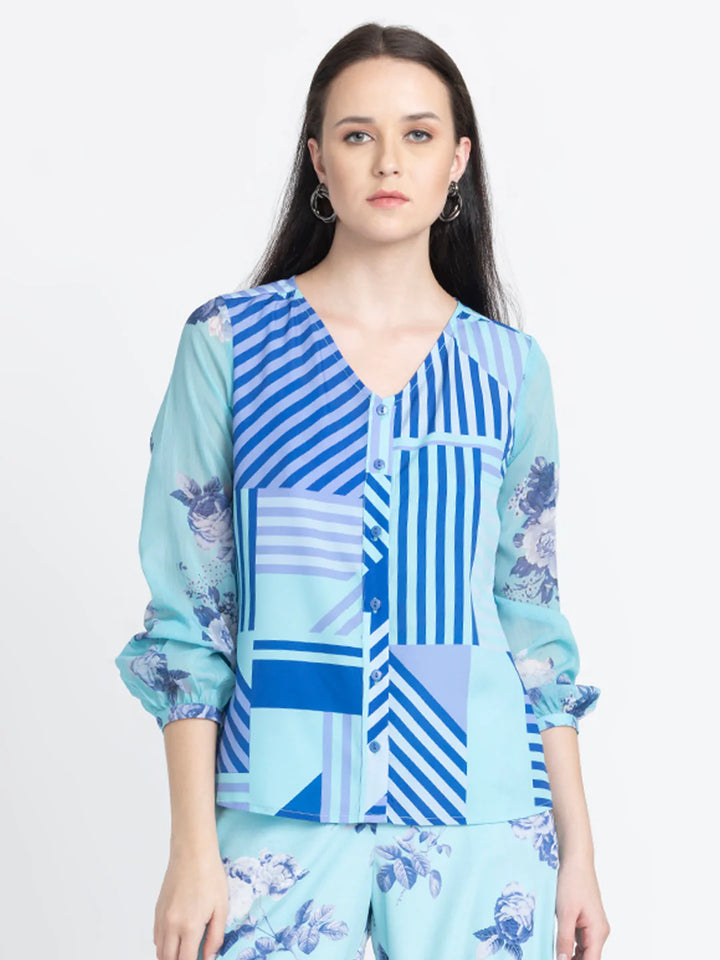 Blue Button-Down Shirt for Women | Blue Button-Down Shirt with Semi-Sheer Sleeves