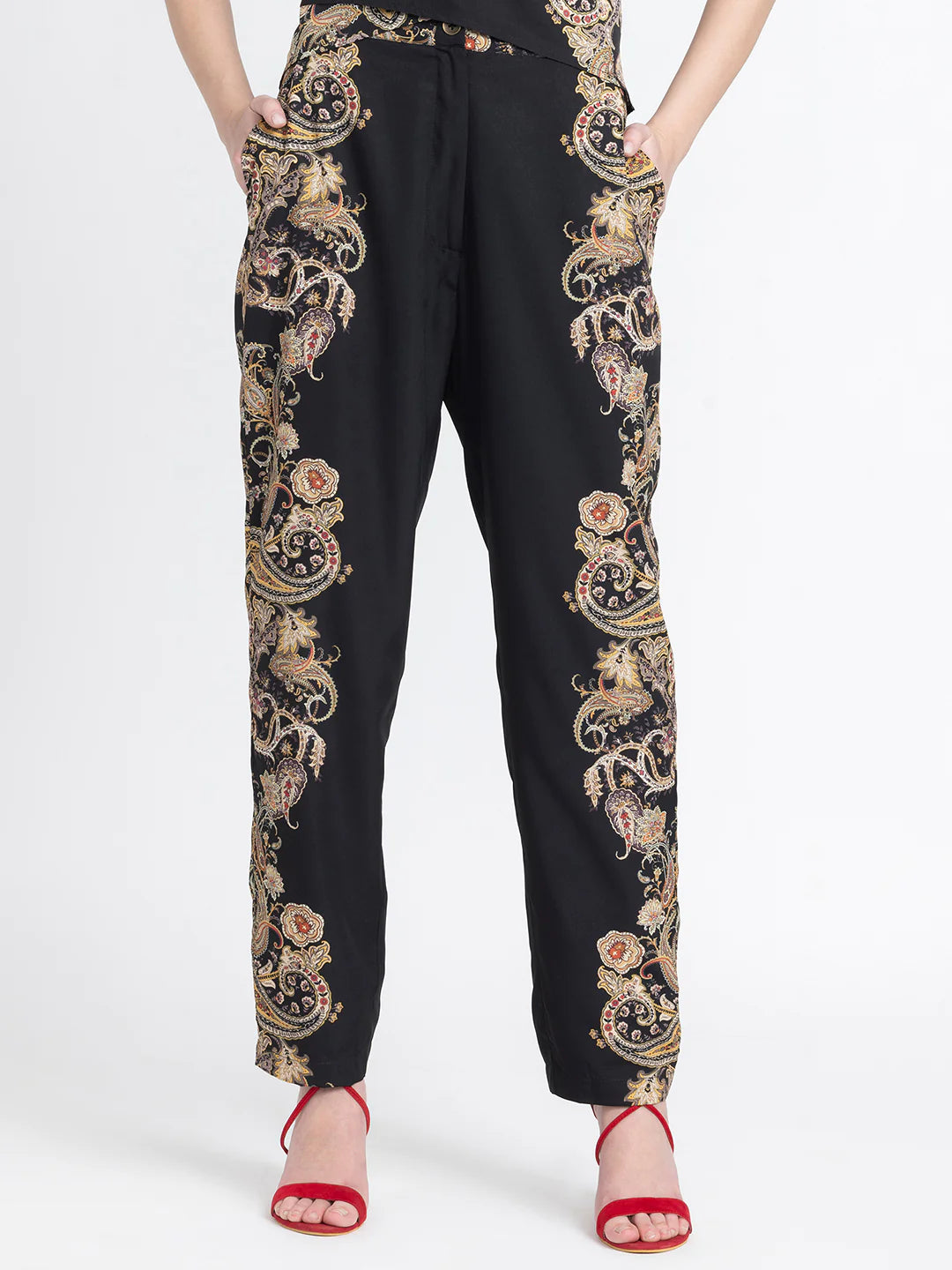 Floral Print Mid-Rise Pants for Women | Chic Black Floral Print Mid-Rise Pants