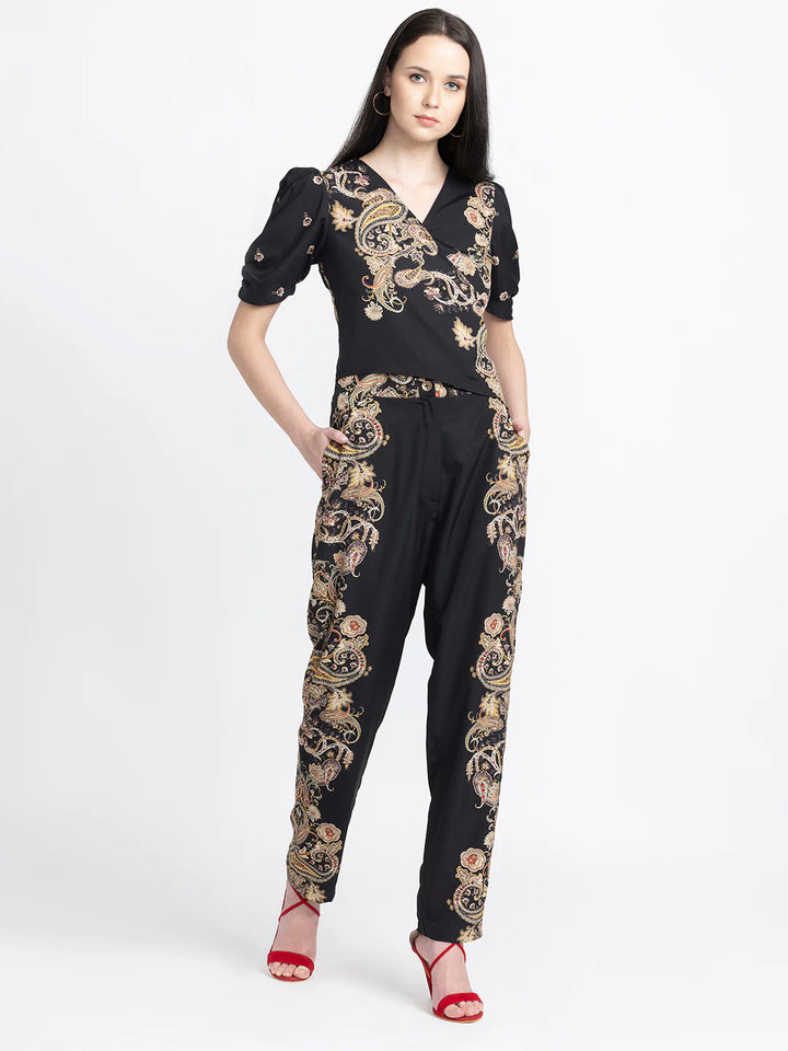 Floral Print Mid-Rise Pants for Women | Chic Black Floral Print Mid-Rise Pants