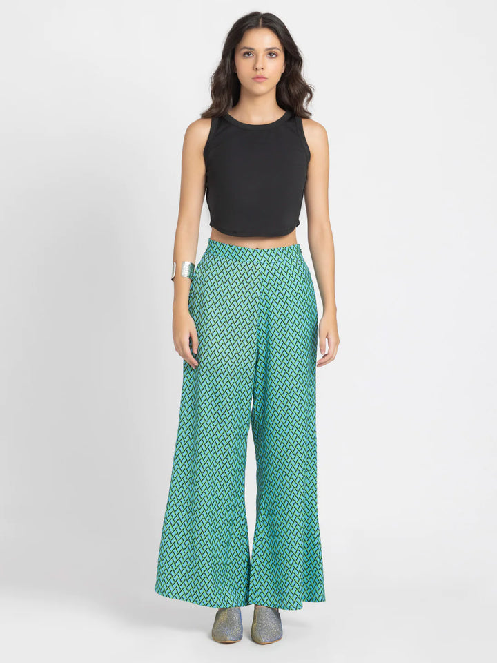 Green Parallel Trousers for Women | Green Geometric Print Parallel Trousers