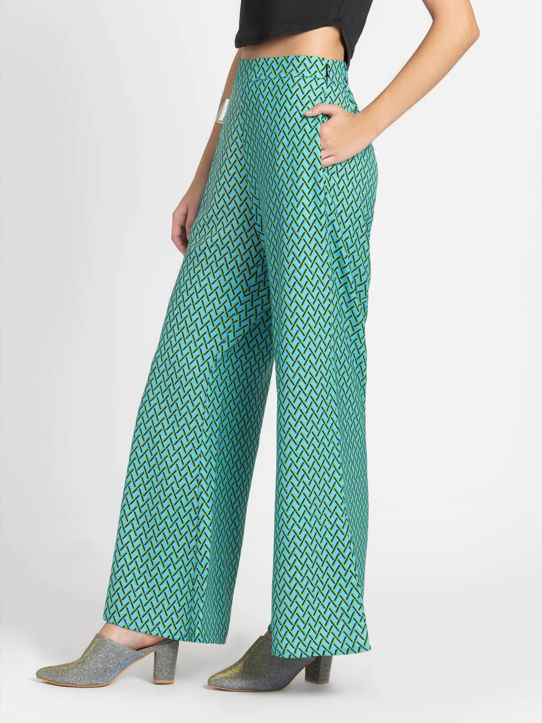 Green Parallel Trousers for Women | Green Geometric Print Parallel Trousers