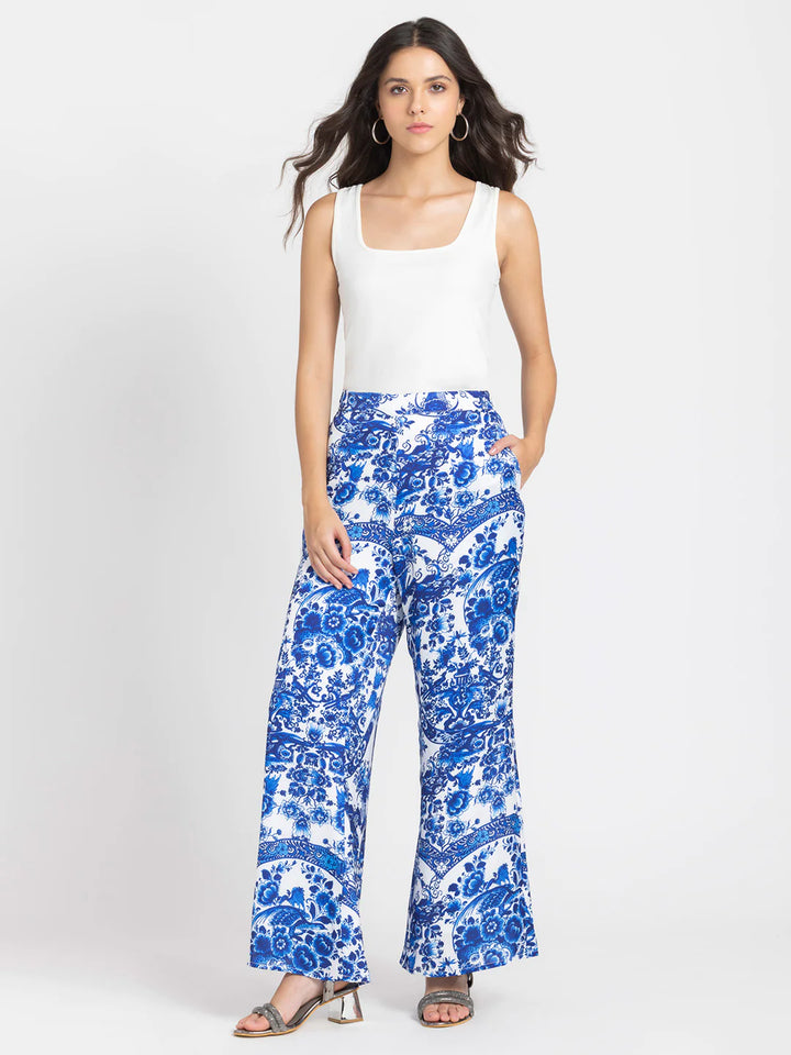 Floral Print Mid-Rise Pants for Women | Blue Floral Print Mid-Rise Pants