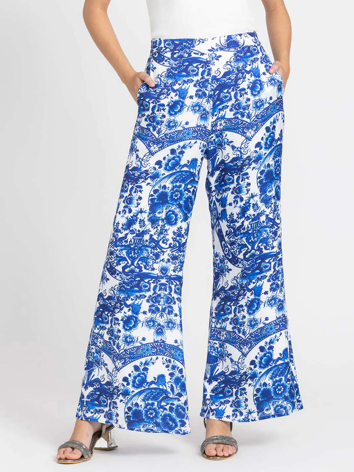 Floral Print Mid-Rise Pants for Women | Blue Floral Print Mid-Rise Pants