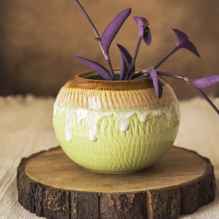 Handmade Ceramic Planter Pots with Drainage Hole | Green & Brown Planter Pot
