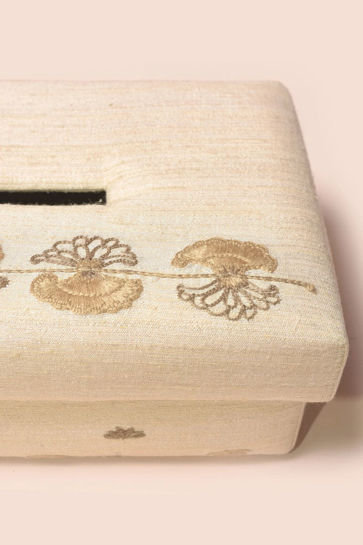 Japanese Floral Design Silk Tissue Box | Abril Handwoven Tissue box - Beige