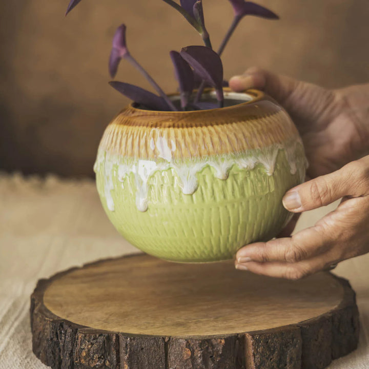 Handmade Ceramic Planter Pots with Drainage Hole | Green & Brown Planter Pot
