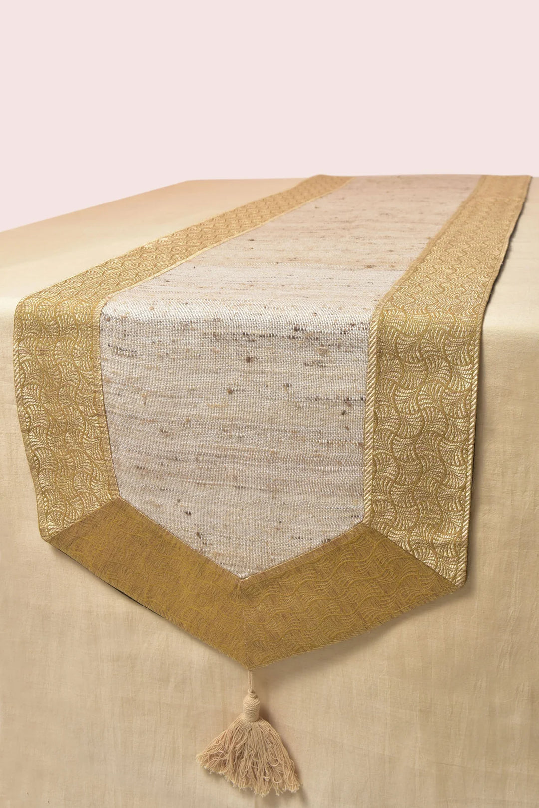 White and Gold Silk Table Runner, 80 x 14 - Classic Design | Navarchida Handwoven Table Runner - White & Gold