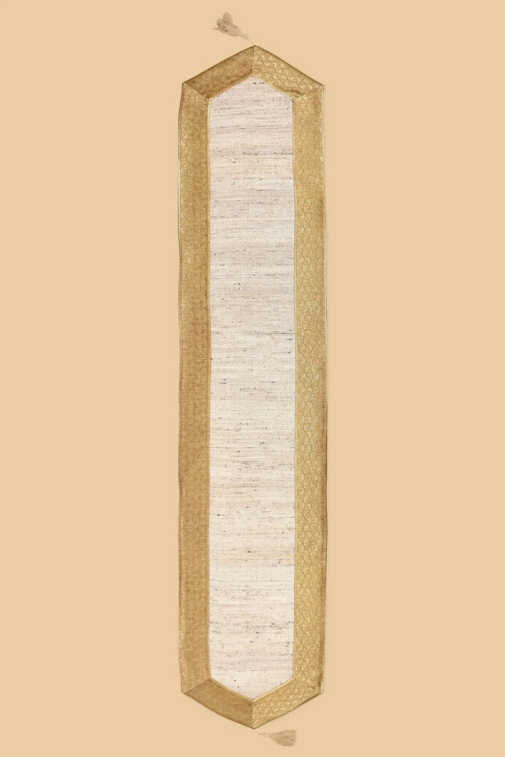 White and Gold Silk Table Runner, 80 x 14 - Classic Design | Navarchida Handwoven Table Runner - White & Gold