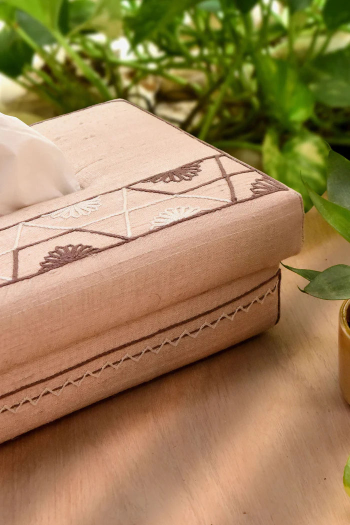 Handwoven Tissue Box with Embroidery | Handwoven Tissue box - Beige
