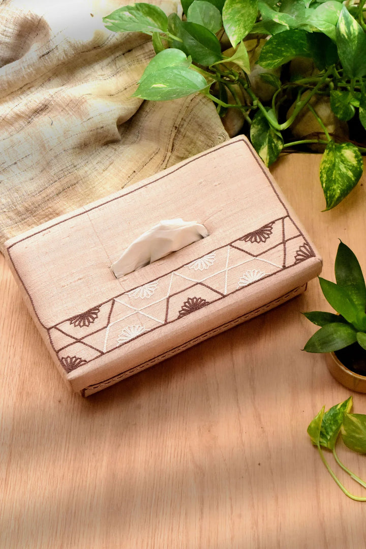 Handwoven Tissue Box with Embroidery | Handwoven Tissue box - Beige