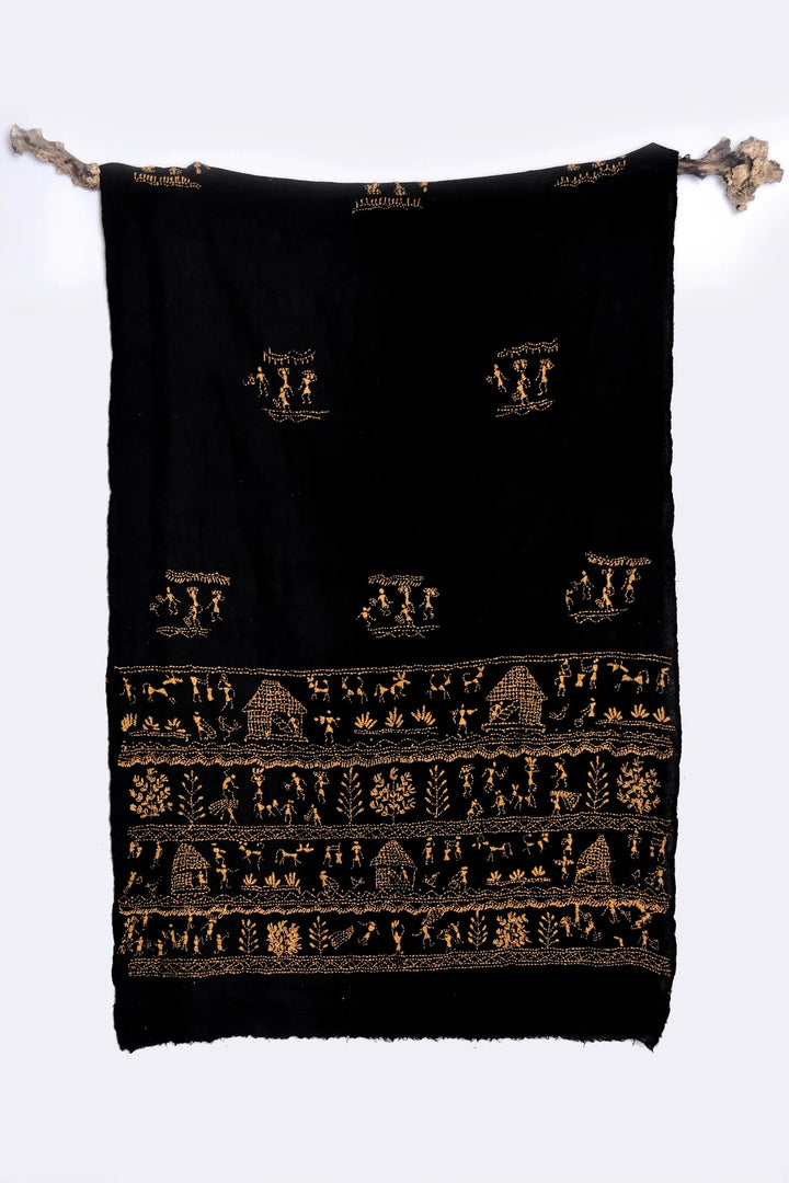 Meira Black Cashmere Stole | Meira Handwoven Cashmere Kantha Embroidery Stole - Black
