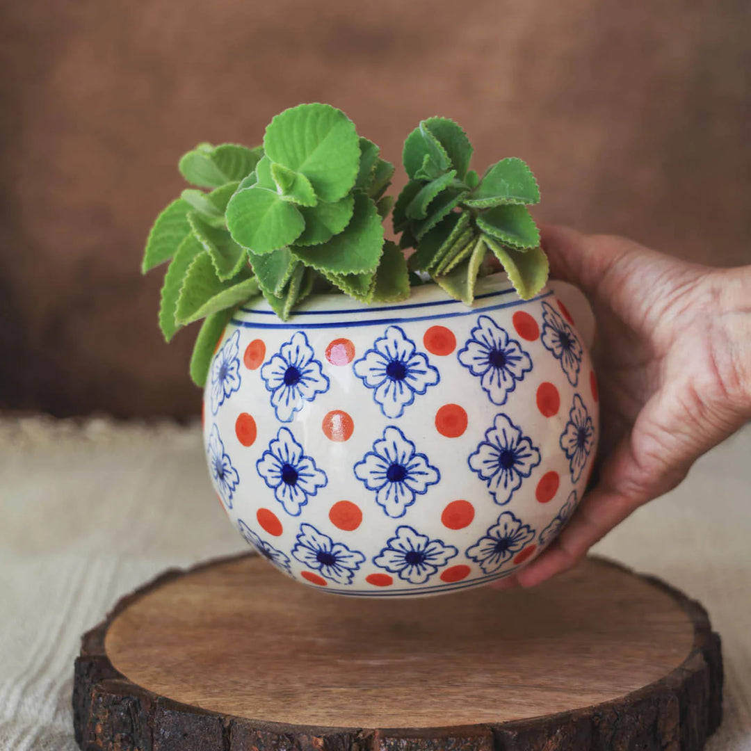 Handmade Ceramic Planter Pot | Orange Blue Pattern Planter Pot