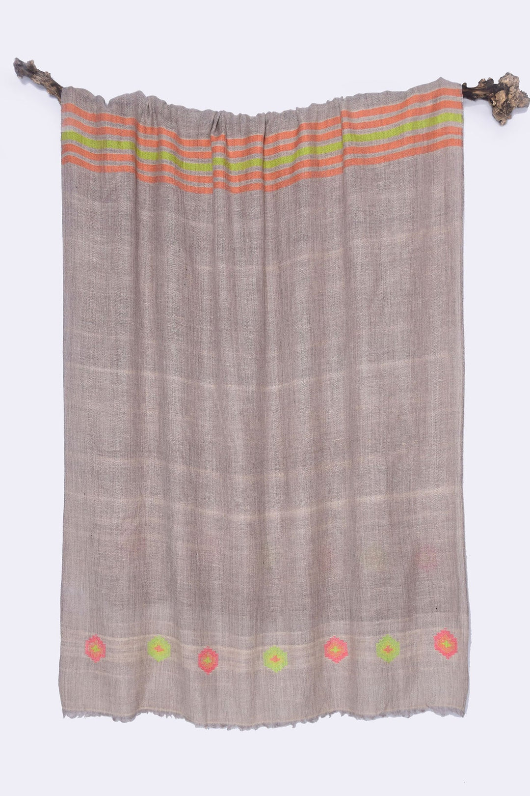 Pashmina Shawl with Twill Weave and Hand Embroidery | Hermes Handwoven Pashmina Shawl - Brown