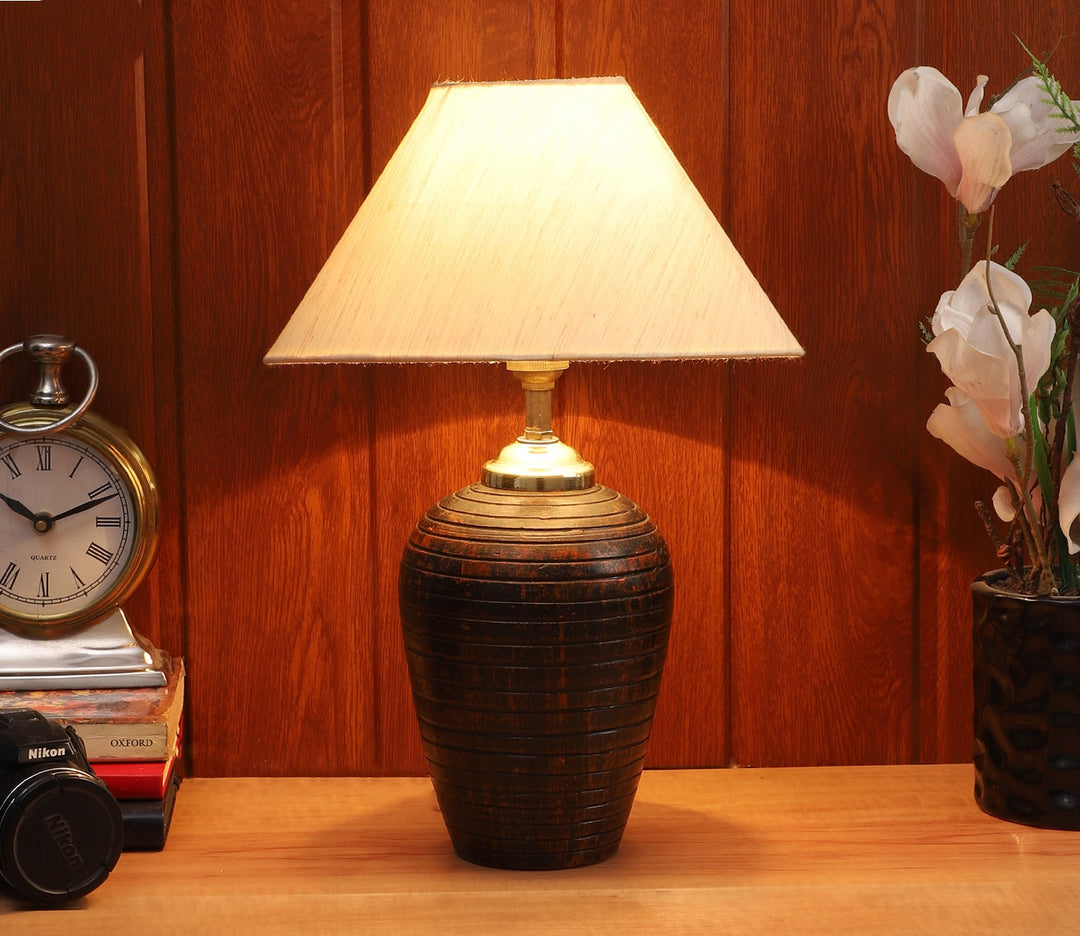Terracotta Brown Table Lamp with Beige Fabric Shade