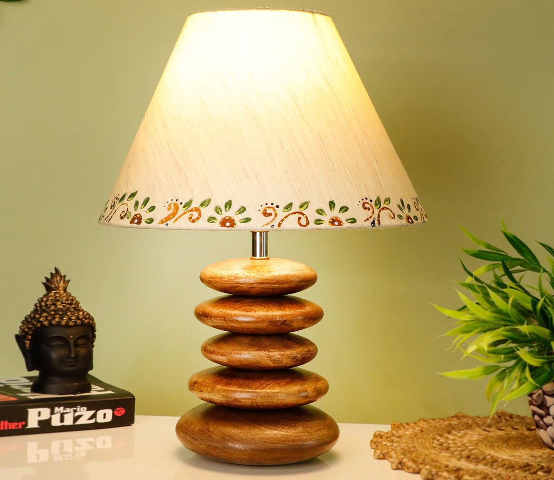 Handcrafted Wooden Table Lamp with Brown Accents and Beige Shade