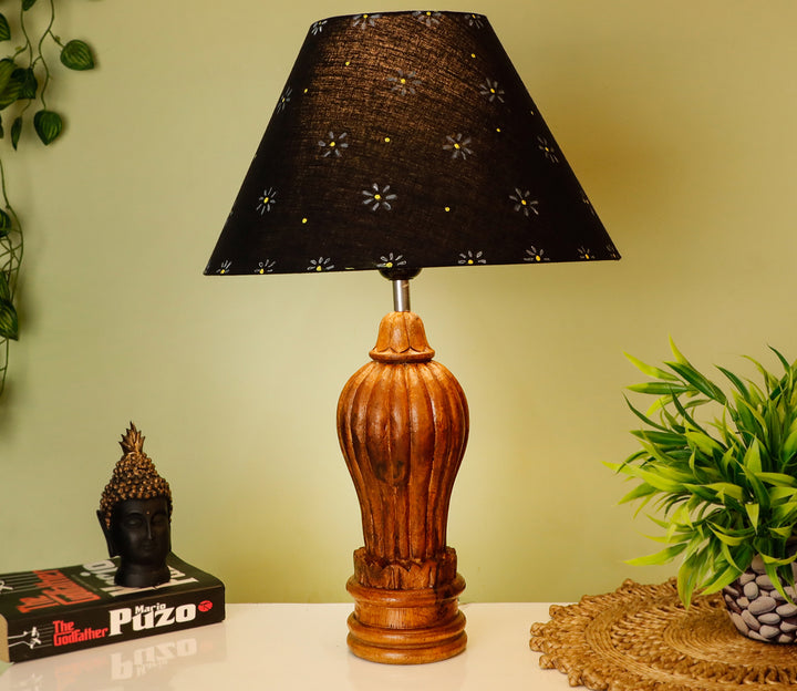 Hand-Carved Wood Table Lamp with Floral Shade (Large)