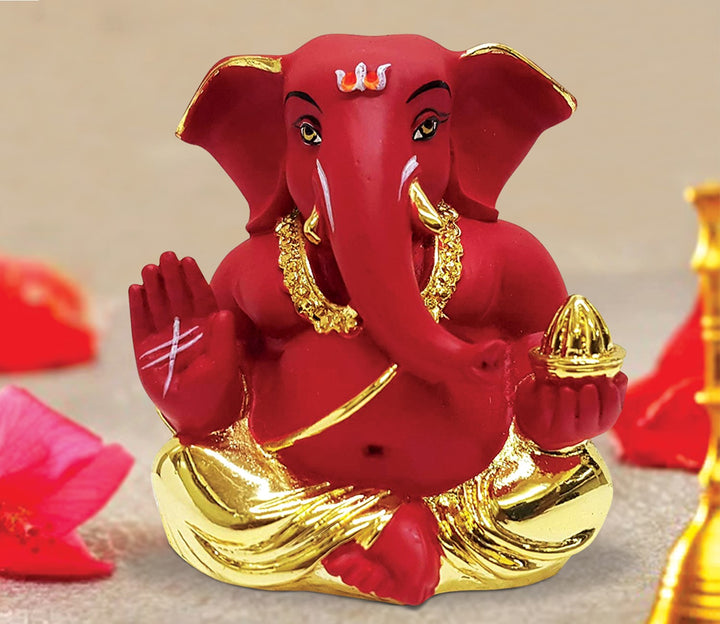 Captivating Mini Ganesha Idol in Gold and Red