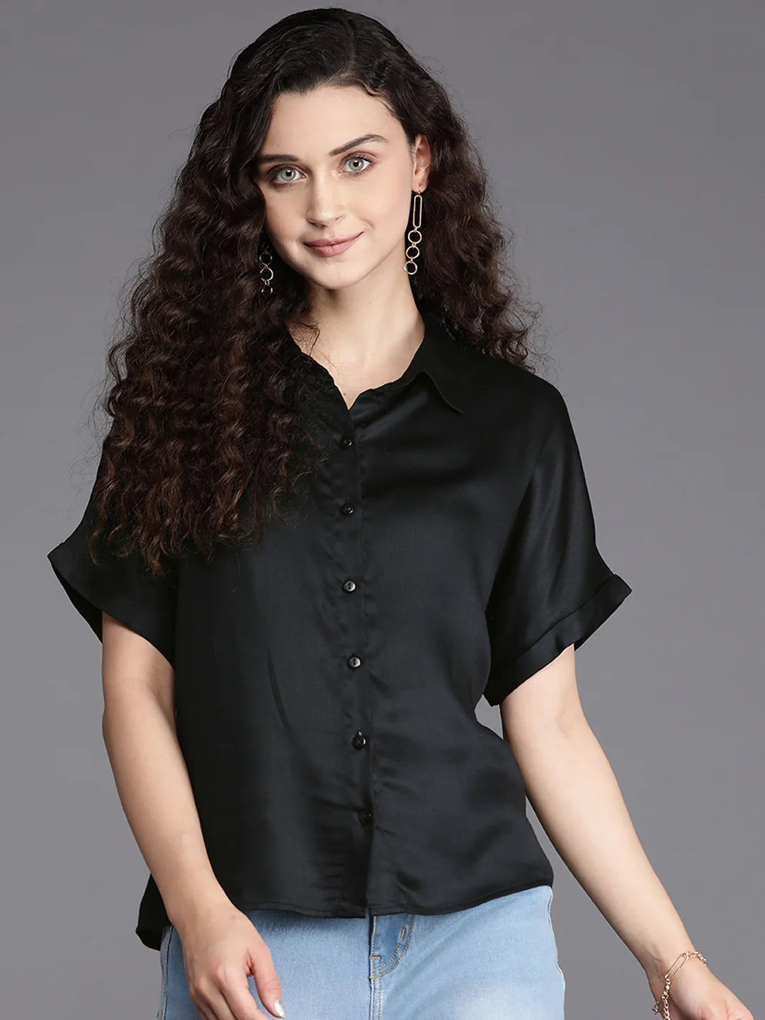Black Button-Down Shirt for Women | Black Satin Chic Button-Down Shirt