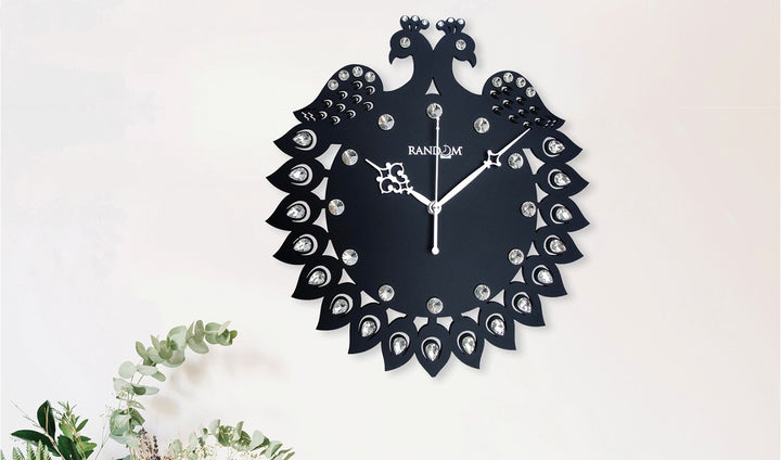 Striking Black Wooden Jewel Peacock Wall Clock