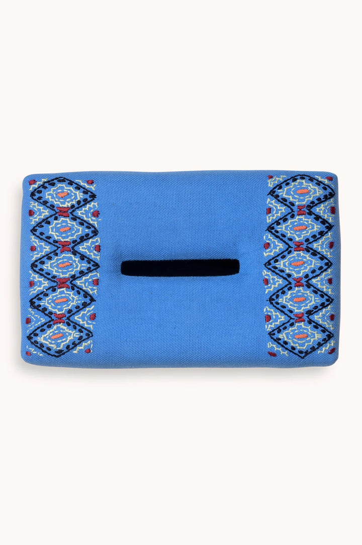 Blue Handwoven Cotton Tissue Box with Embroidery | Alba Handwoven Tissue Box - Blue