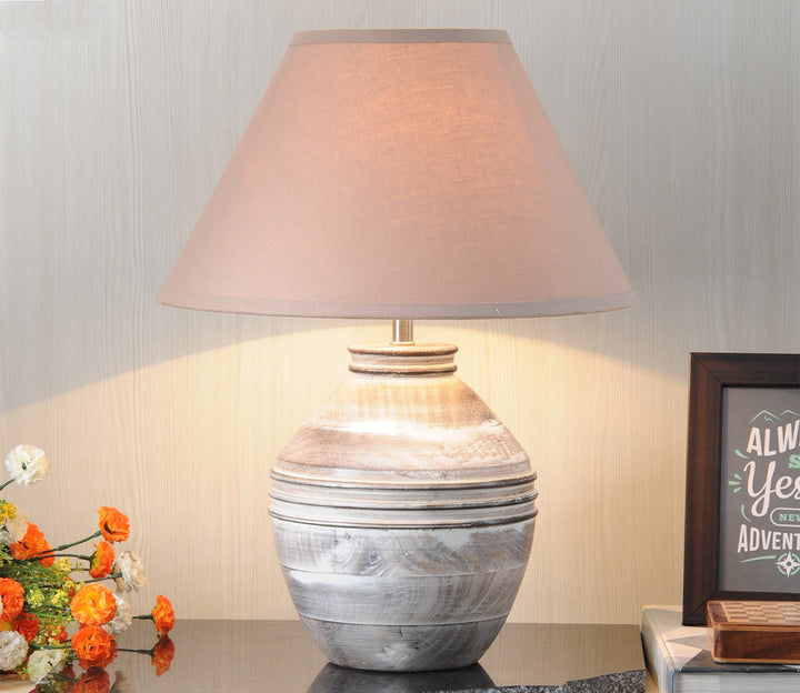 Natural Carved Wood Table Lamp with Cotton Shade (Large)