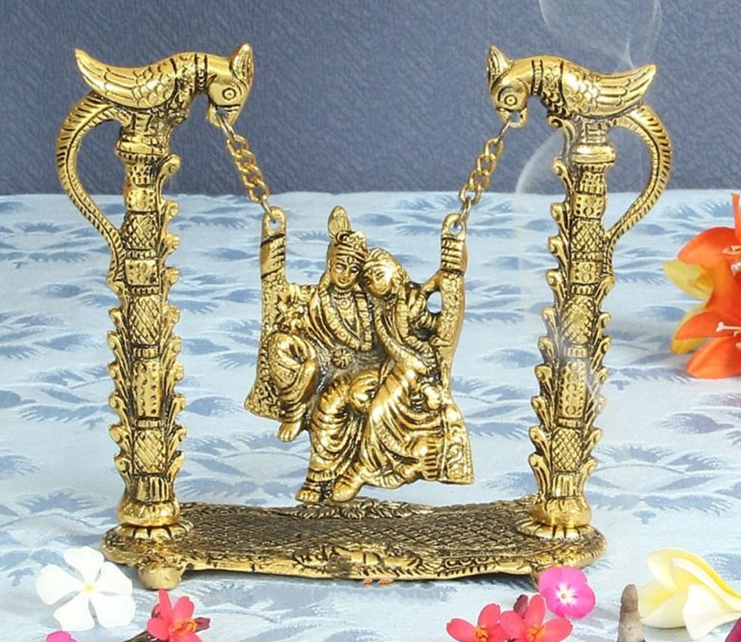 Captivating Golden Metal Radha Krishna on Swing Showpiece