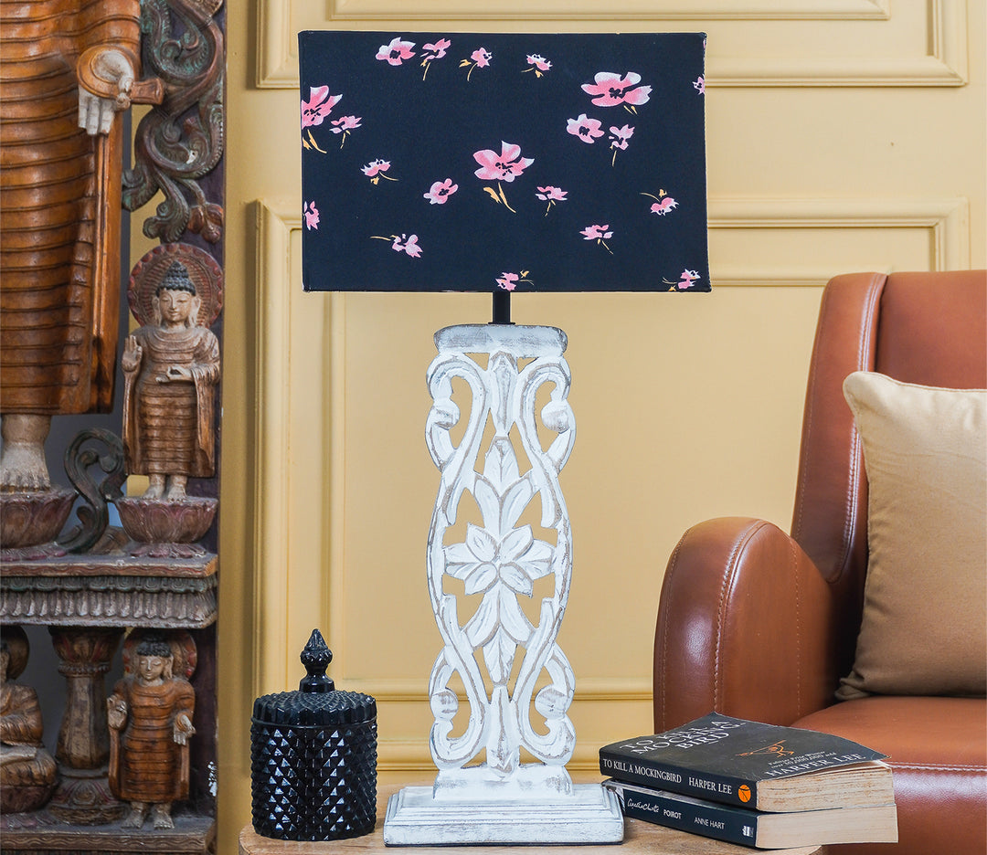 Floral Black Shade Carved Wood Table Lamp