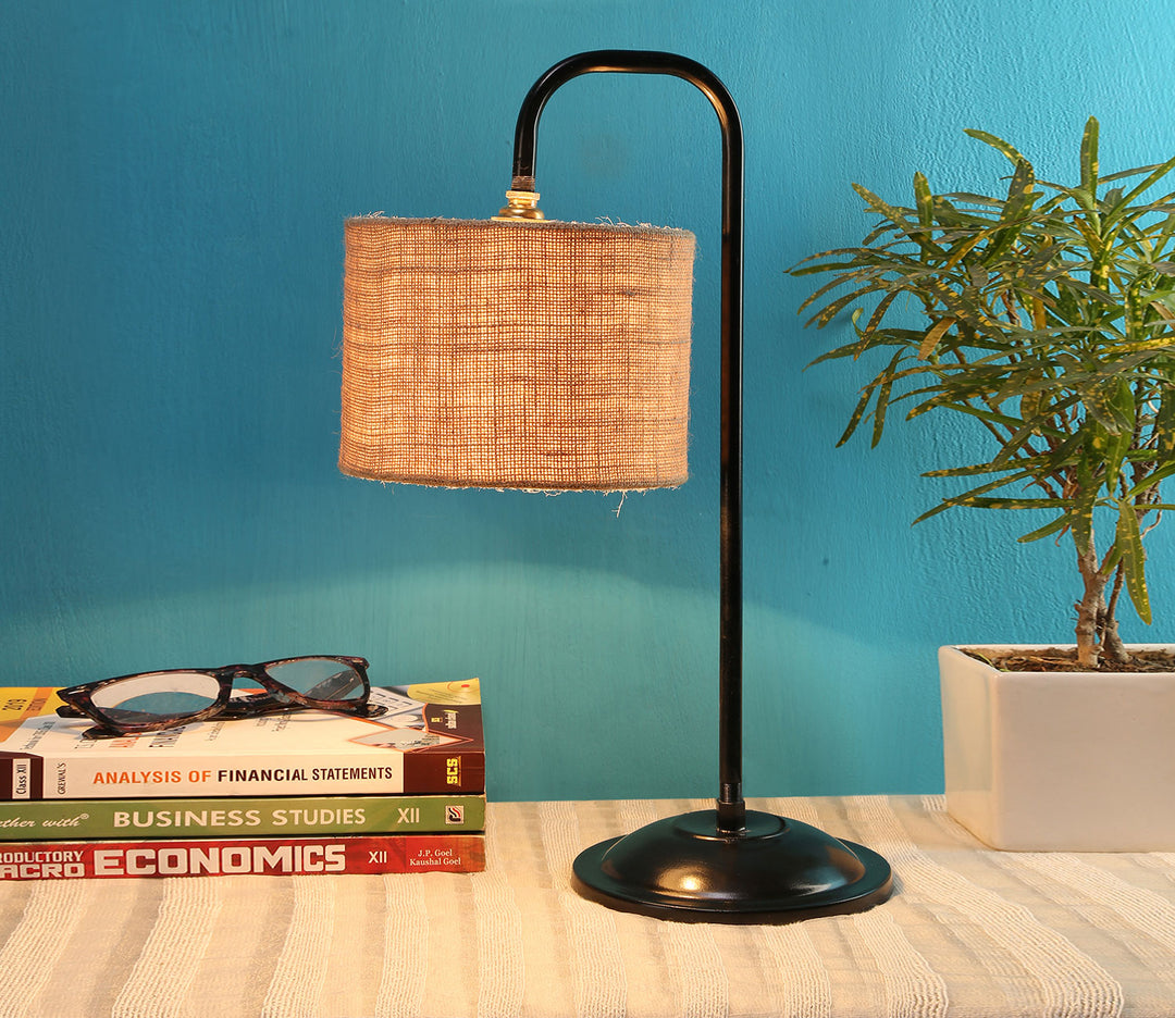 Beige Fabric Table Lamp with Black Metal Base