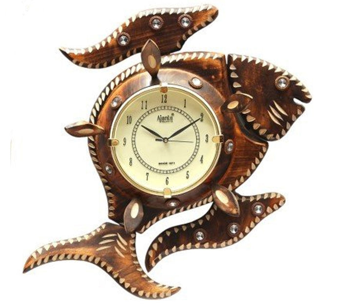 Vintage Brown Wooden Fish Wall Clock with Antique Brass Accents