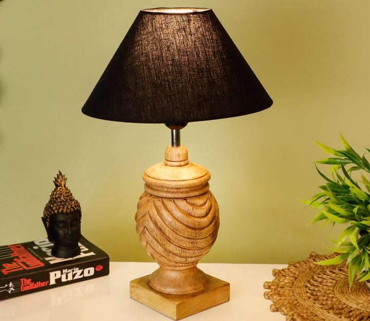 Hand-Carved Sheesham Wood Table Lamp with Ring Detail & Black Shade (Medium)